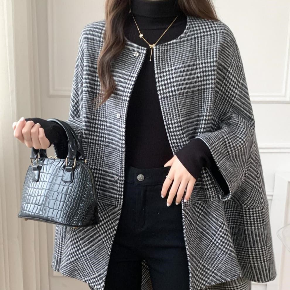 イエベ秋服 千鳥格子柄ノーカラーオーバーサイズコート