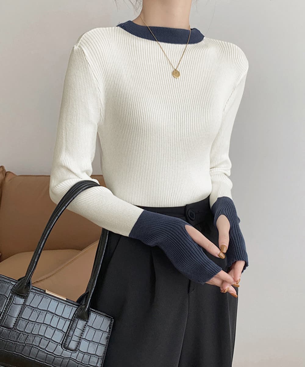 イエベ春/イエベ秋服 配色ニット 指穴付きリブニットプルオーバー