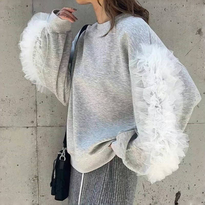 イエベ春/イエベ秋服 韓国風チュール袖飾りスウェット上品レディース