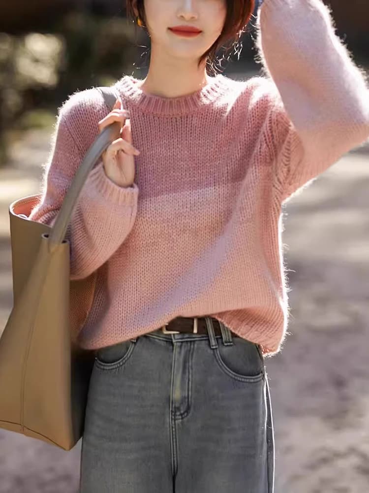 イエベ春/イエベ秋服 上品なボーダー柄丸首長袖ニットプルオーバー