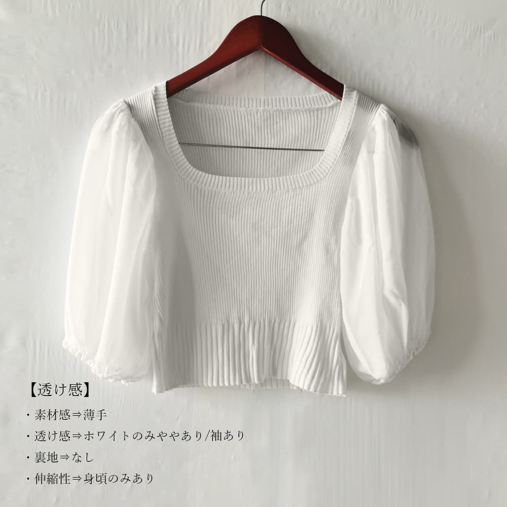 イエベ春/イエベ秋服 スクエアネック シフォン袖 ニットトップス