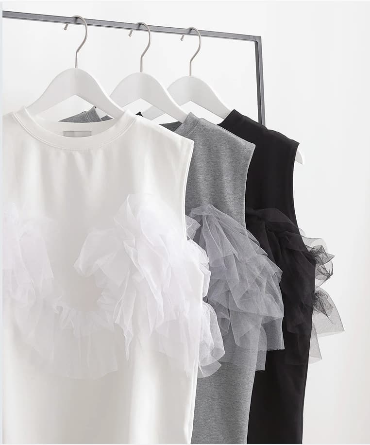 イエベ秋服 チュール重ね上品ノースリーブブラウス