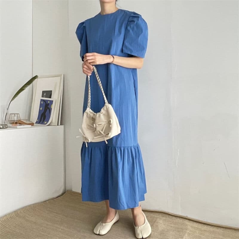 イエベ春服 パフスリーブティアードワンピース