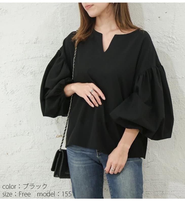 イエベ春/イエベ秋服 ボリューム袖キーネックブラウス
