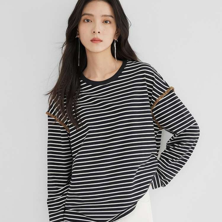 イエベ秋服 縞模様 ラウンドネックロングTシャツ