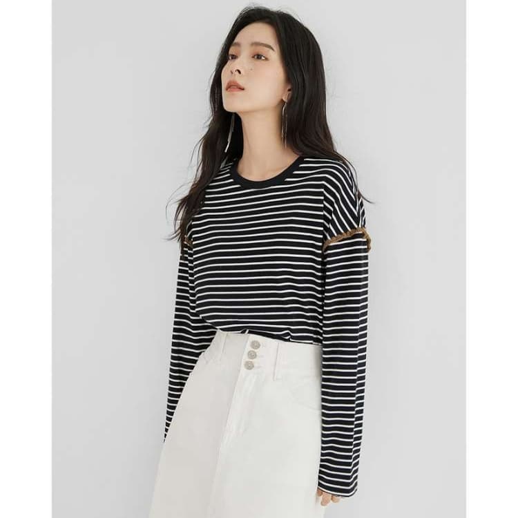 イエベ秋服 縞模様 ラウンドネックロングTシャツ