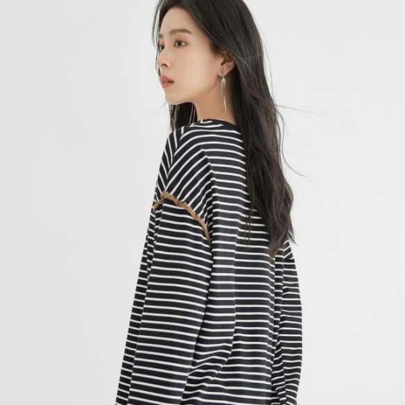 イエベ秋服 縞模様 ラウンドネックロングTシャツ