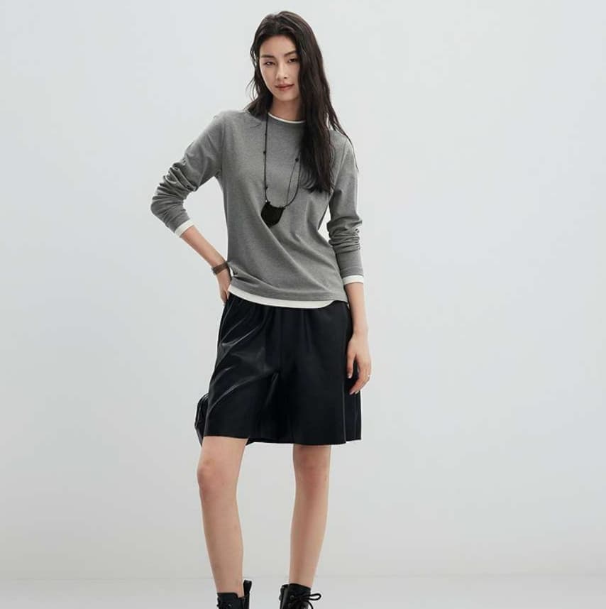イエベ春/イエベ秋服 重ね着風ラウンドネック長袖トップス