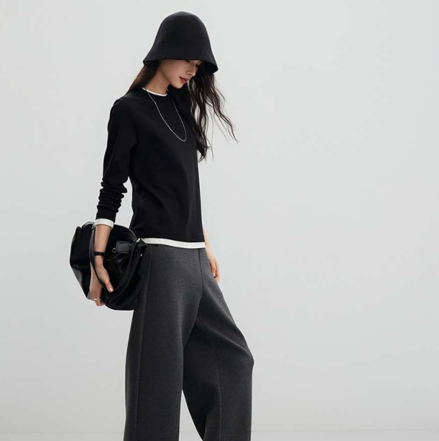 イエベ春/イエベ秋服 重ね着風ラウンドネック長袖トップス