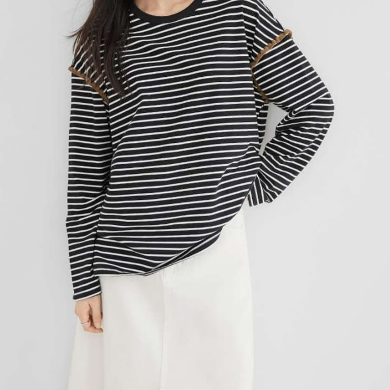 イエベ秋服 縞模様 ラウンドネックロングTシャツ