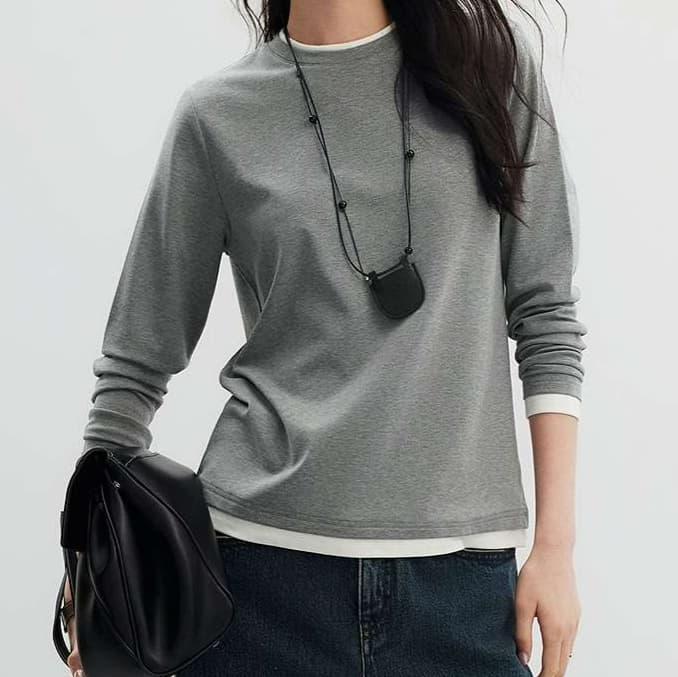 イエベ春/イエベ秋服 重ね着風ラウンドネック長袖トップス