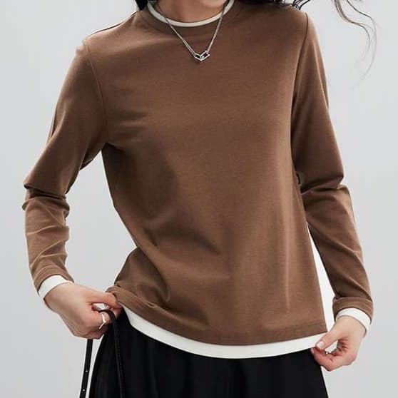 イエベ春/イエベ秋服 重ね着風ラウンドネック長袖トップス
